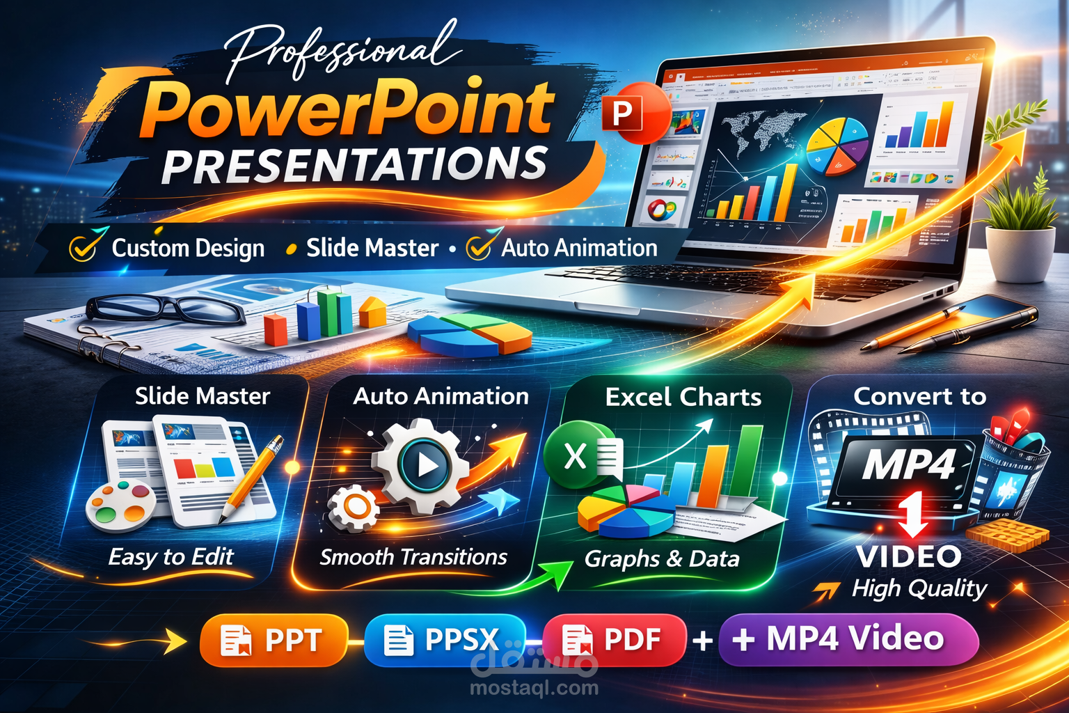 تصميم عرض باوربوينت احترافي تفاعلي مع أنيميشن وسلايد ماستر