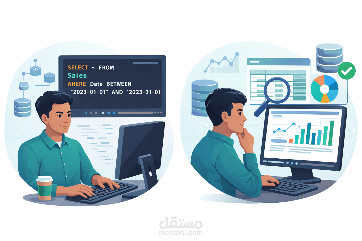 أعمل علي استخراج البيانات المطلوبة من الداتا بيز وفلترتها بالشكل المطلوب كما أعمل علي تحليل البيانات بأستخدام الأكسيل وبايثون