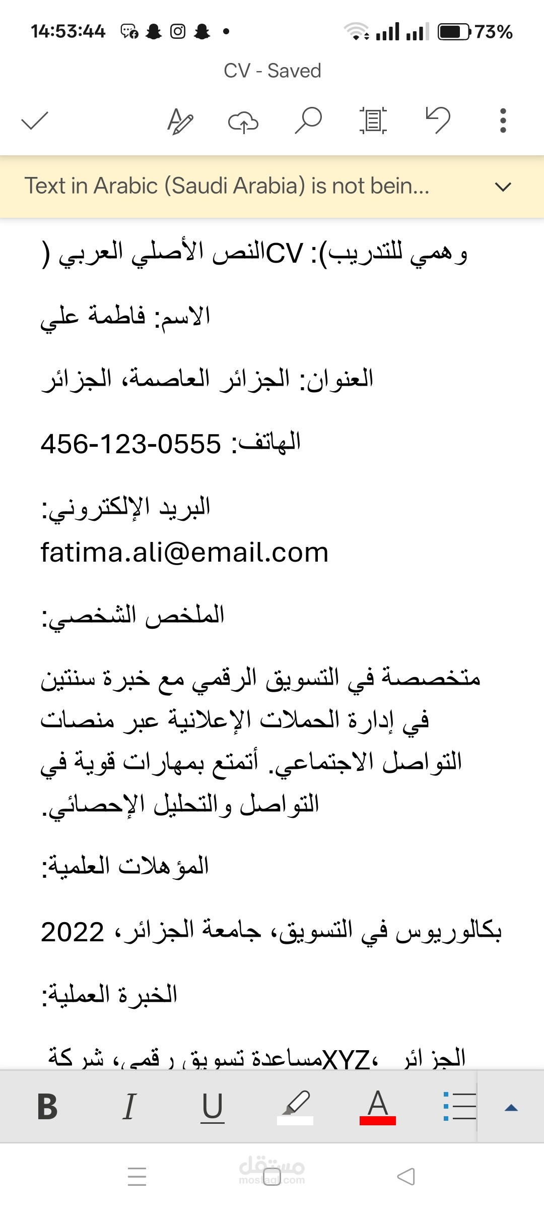 ترجمة سيرة ذاتية من العربية إلى الإنجليزية