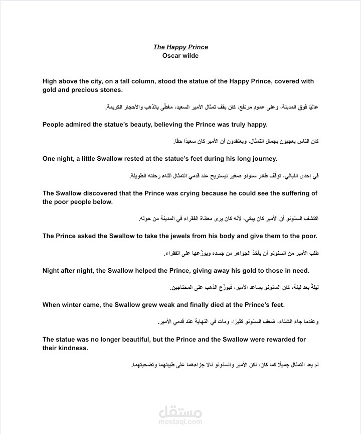 ترجمة قصة The Happy Prince للكاتب أوسكار وايلد باللغة الإنجليزية و العربية