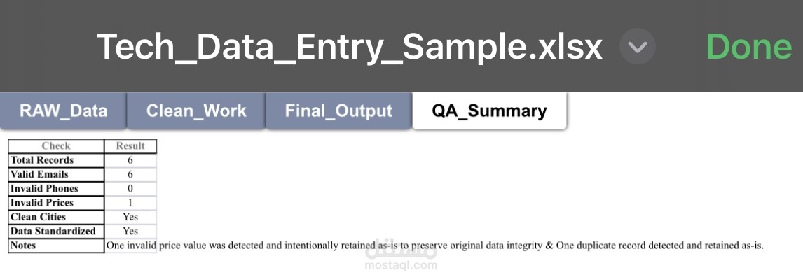 Data Quality Check & QA Summary in Excel