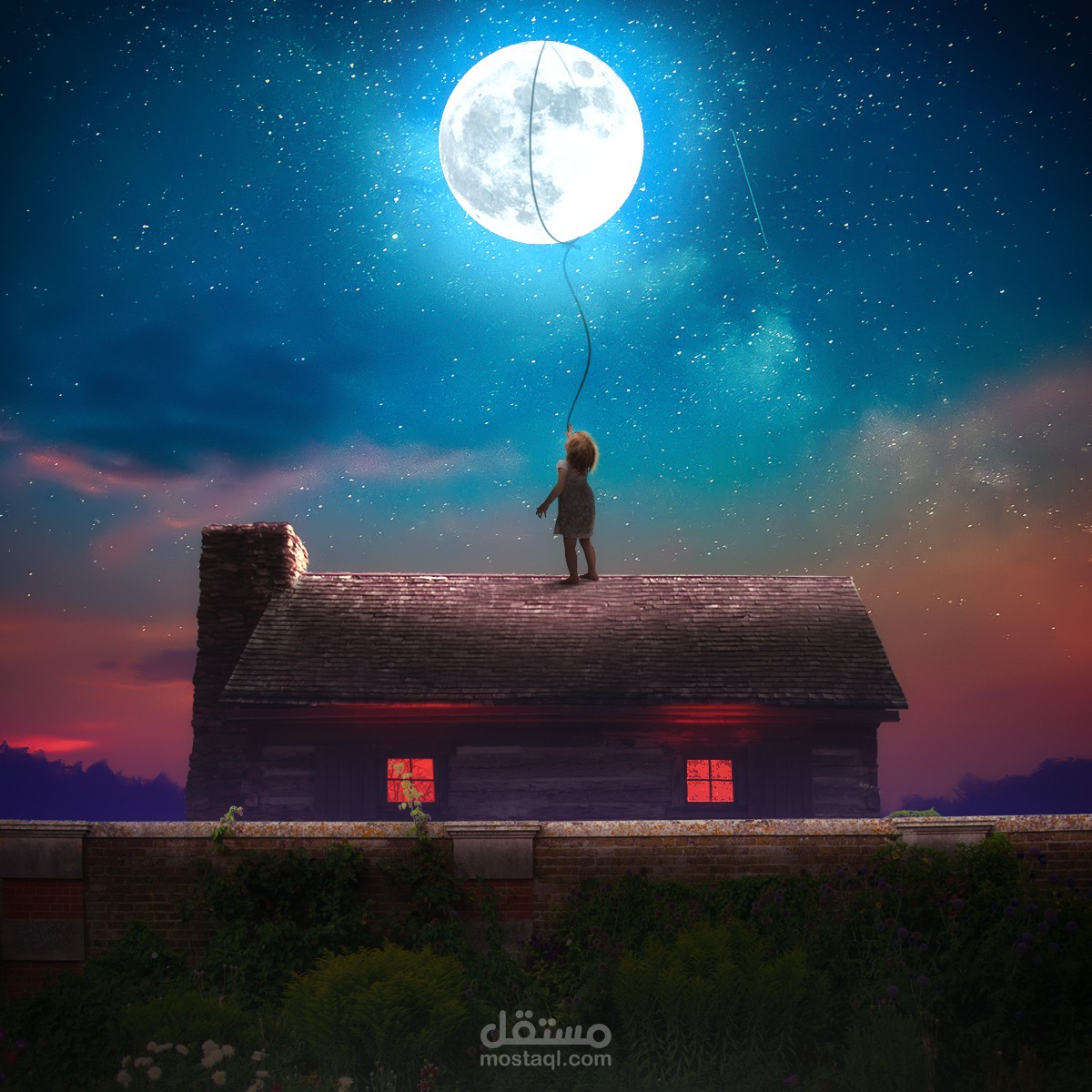 تصميم دمج "بنت صغيرة تلاحق القمر"