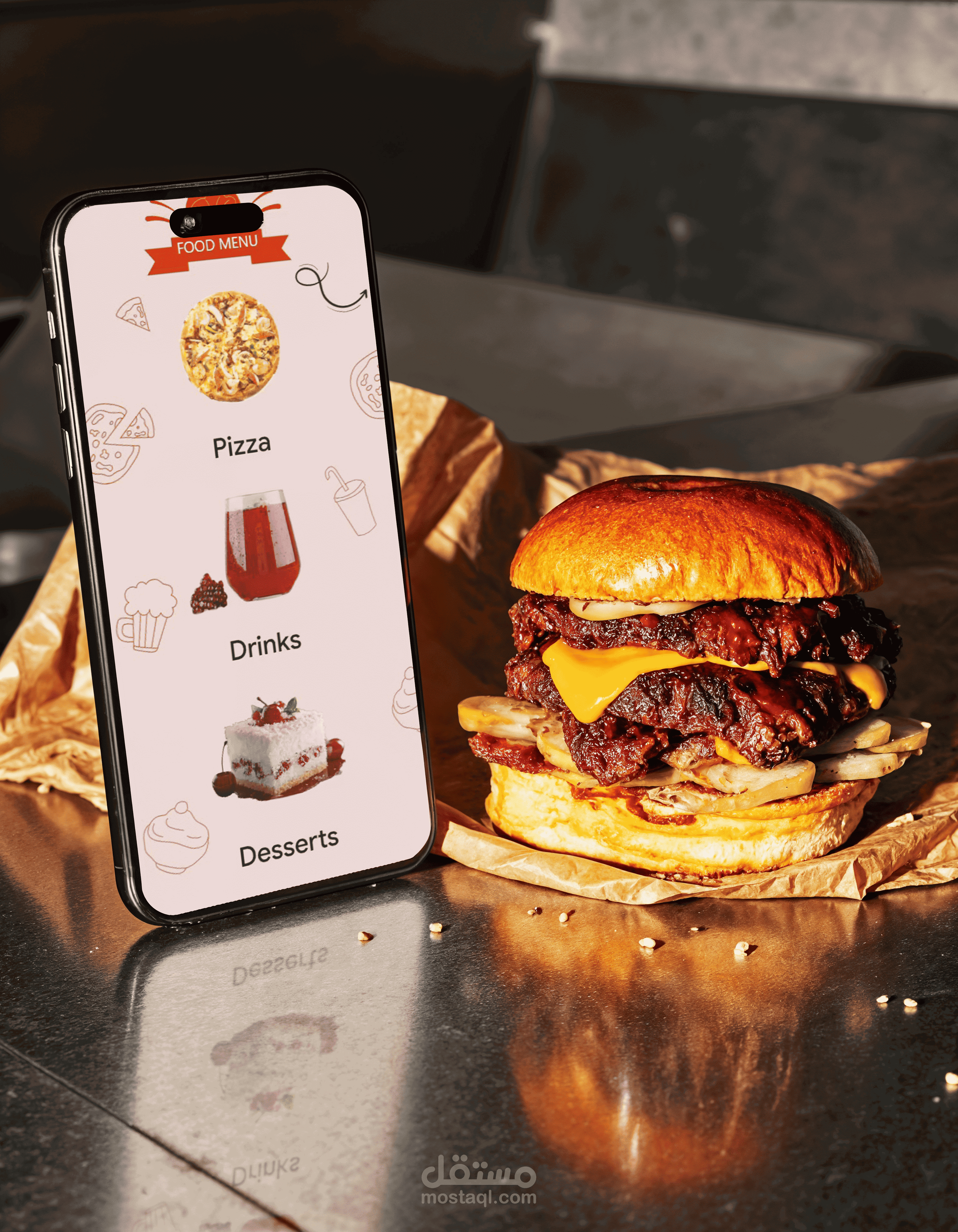 تصميم واجهة منيو مطعم تفاعلي مع بروتوتايب متحرك.