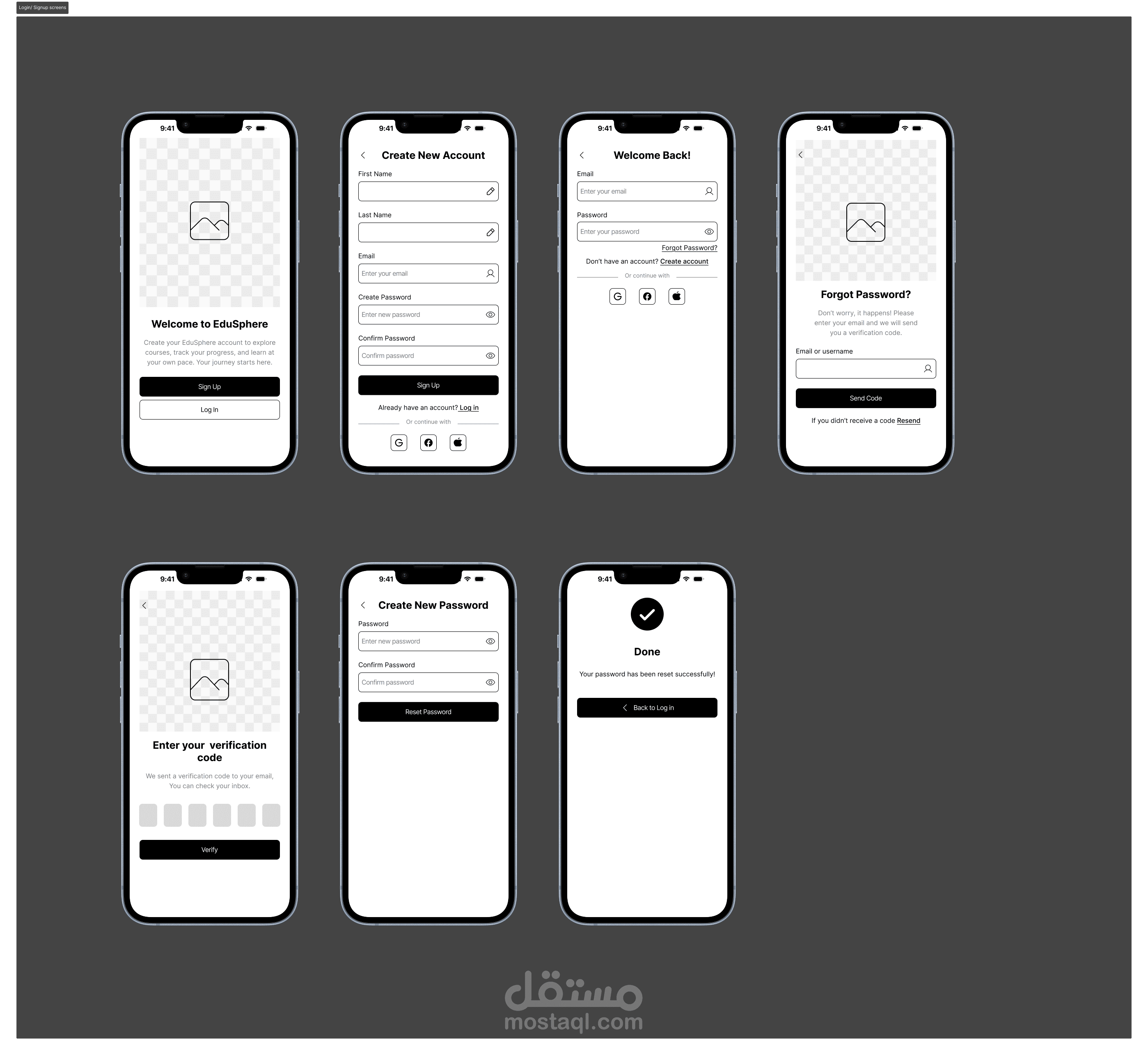 تصميم Wireframes لشاشات تسجيل الدخول والاشتراك في تطبيق EduSphere التعليمي.