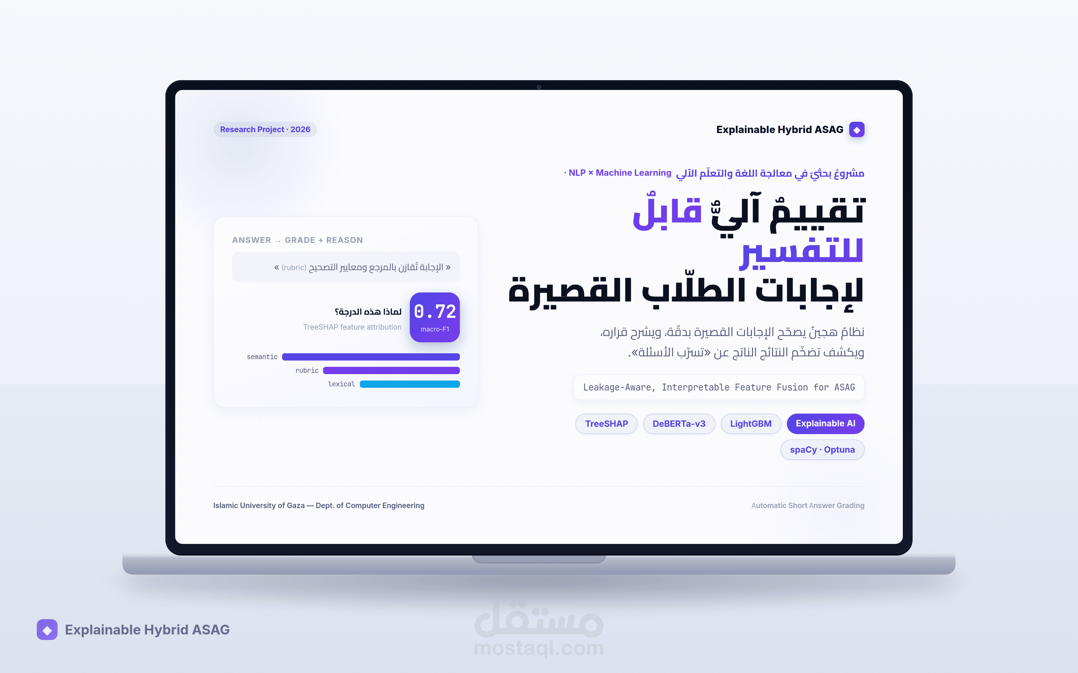 نظام ذكاء اصطناعي هجين لتصحيح الإجابات القصيرة تلقائياً وتفسير الدرجة (Explainable ASAG)