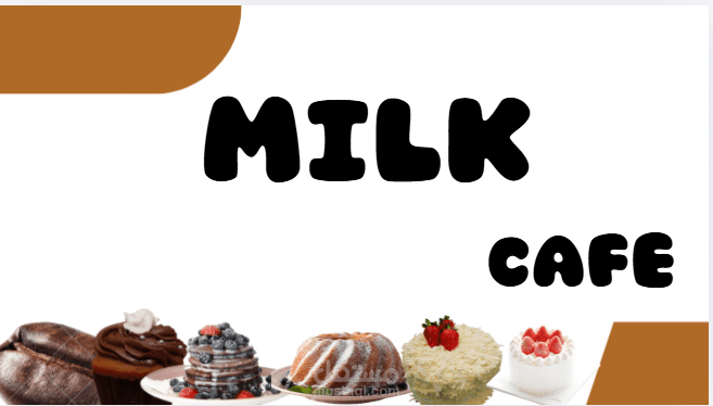 واجهة بصرية لمشروع باسم “Milk Cafe”، ويعكس هوية مقهى حديث يركّز على الحلويات والمشروبات.