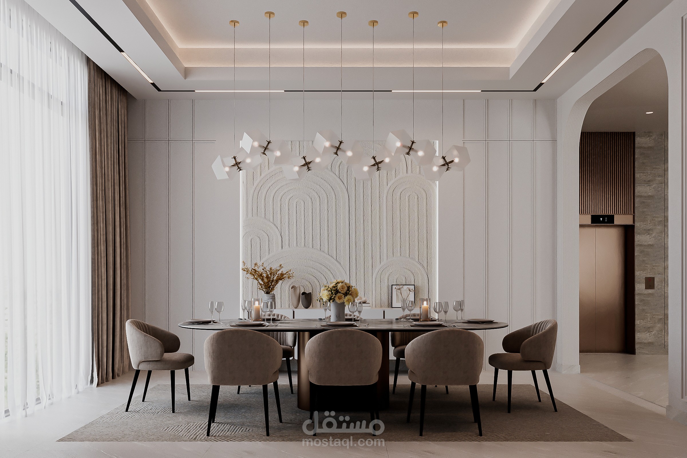إخراج معماري داخلي لغرفة طعام بأسلوب حديث