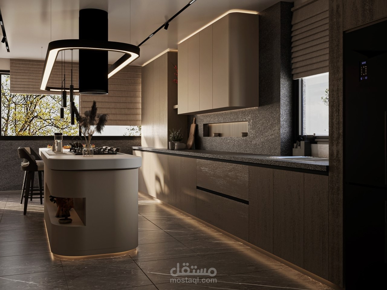 تصميم مطبخ مودرن عملي بتوزيع ذكي وإضاءة متوازنة