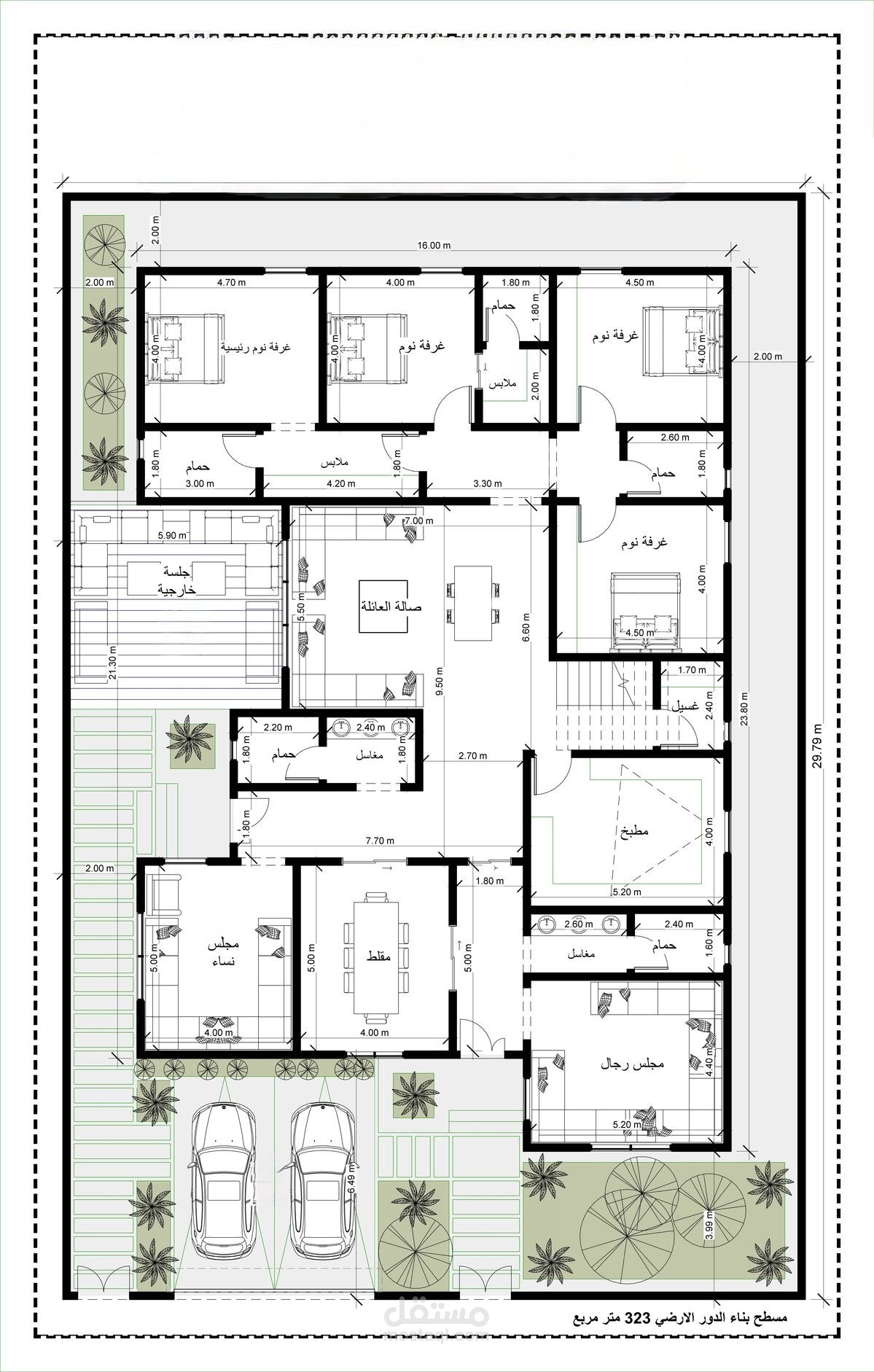 تصميم معماري وتخطيط داخلي لفيلا سكنية دور أرضي بمساحة 323م²