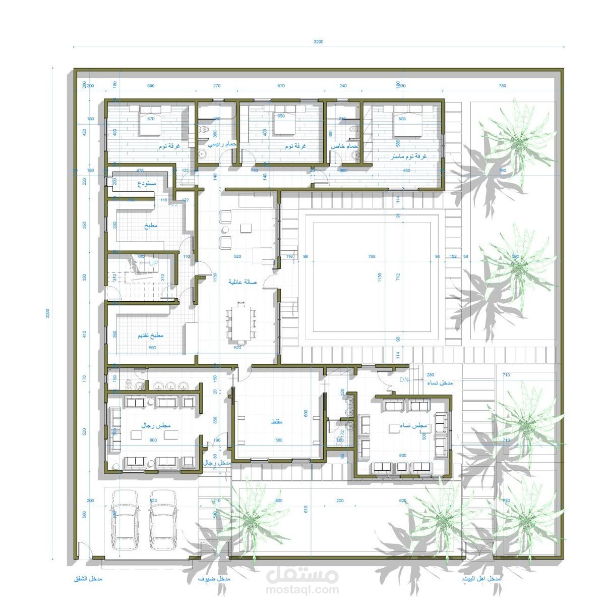 تصميم معماري وتخطيط فراغات لفيلا سكنية (نظام حوش داخلي) على أرض زاوية