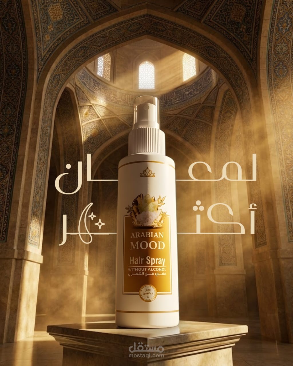 تصميم إعلان بصري لمنتج عناية بالشعر بطابع عربي فاخر