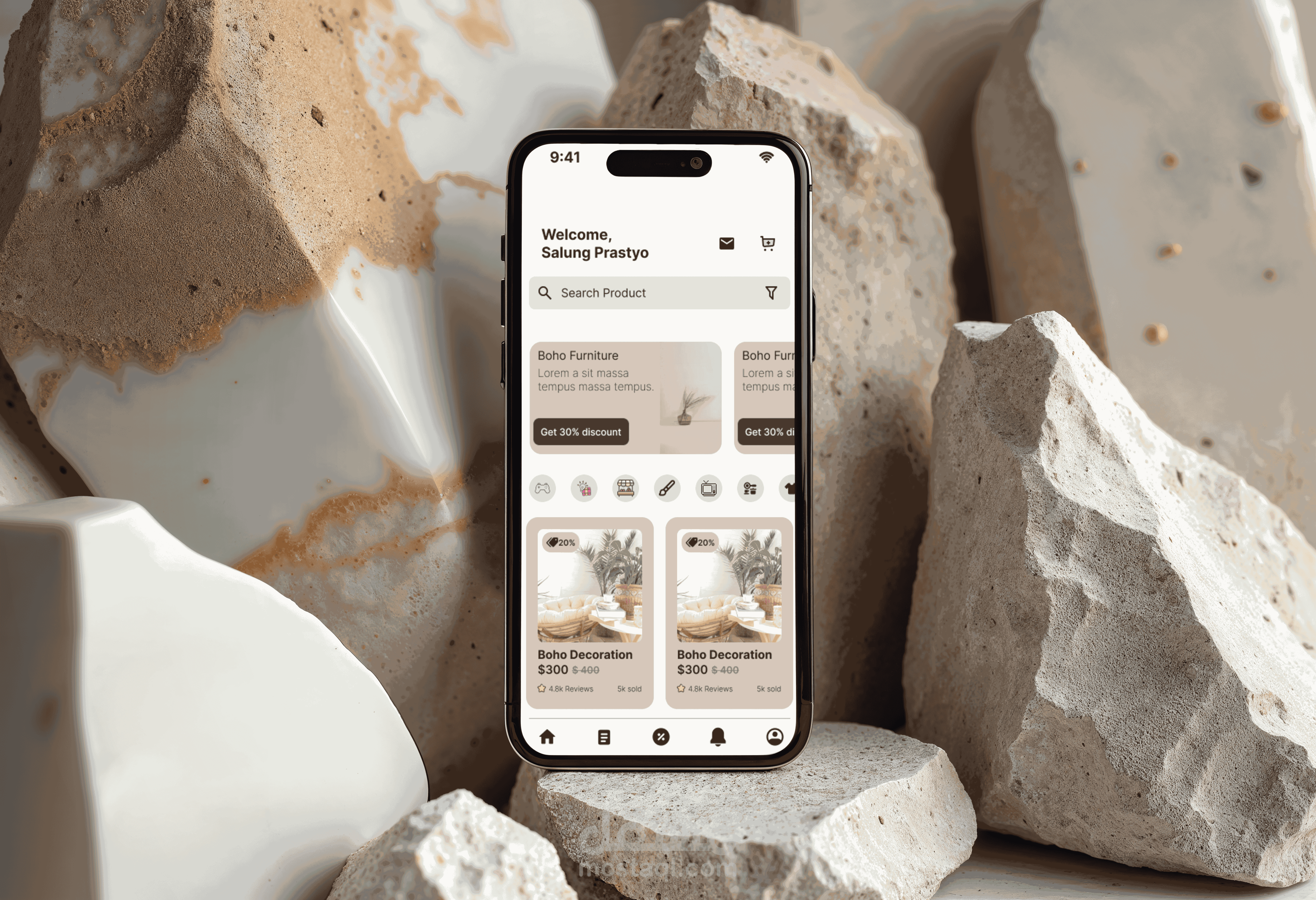 تصميم واجهة مستخدم لتطبيق متجر إلكتروني للأثاث والديكور (Boho Style)