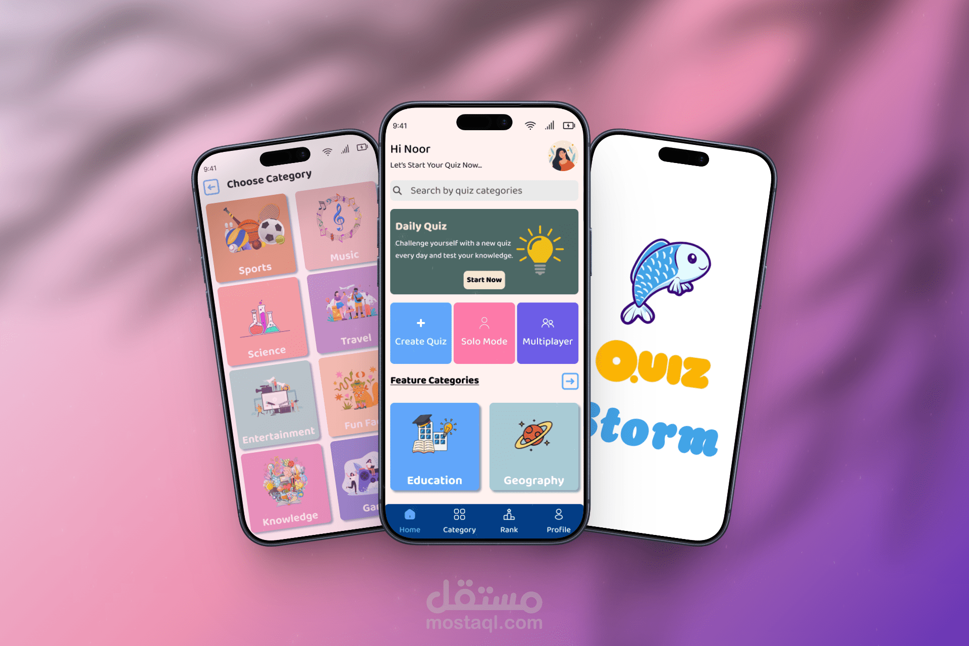 تصميم واجهات تطبيق Quiz تعليمي بتجربة مستخدم عصرية (UI/UX)