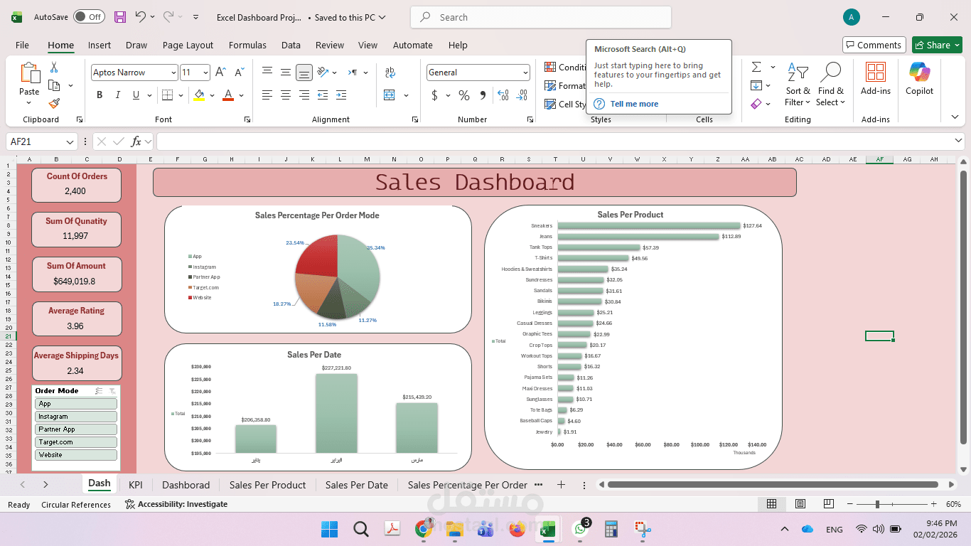 لوحة تحكم تفاعلية لتحليل المبيعات (Sales Performance Dashboard)