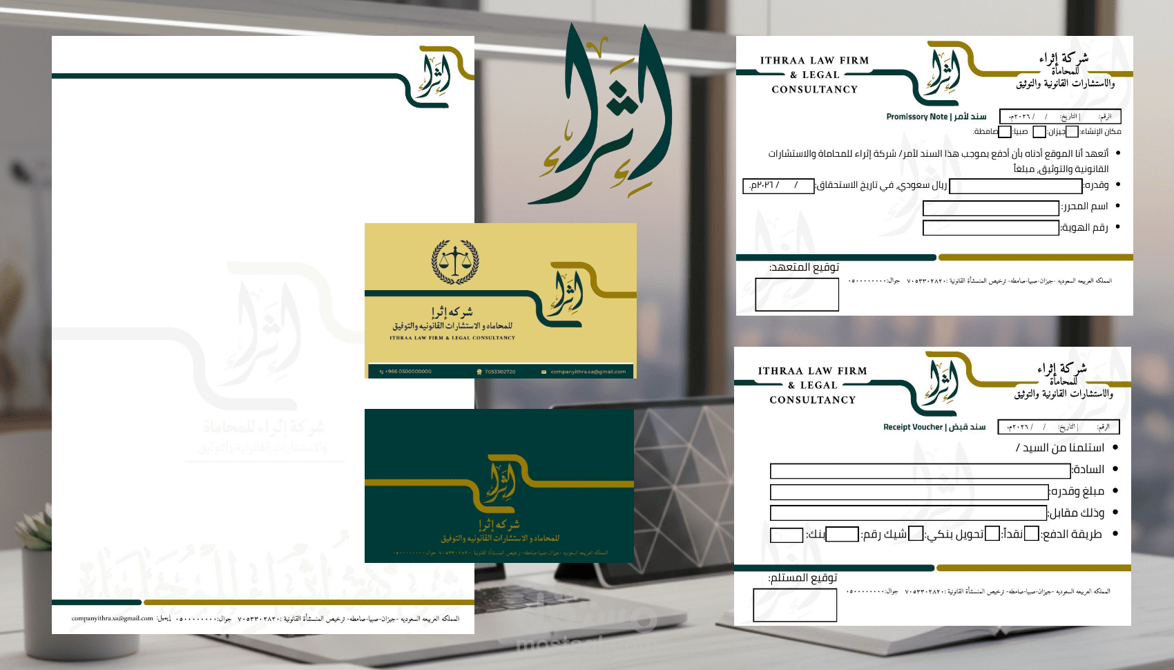 تصميم هوية بصرية متكاملة واحترافية لشركة محاماة (Ithraa Law Firm)