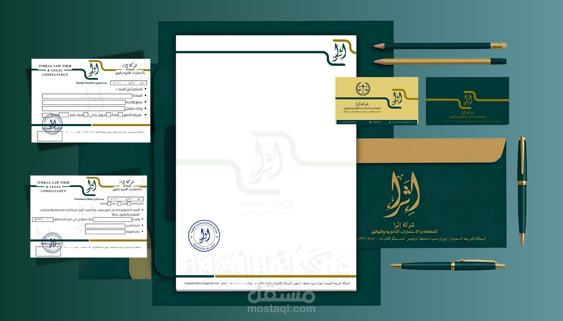 تصميم هوية بصرية متكاملة واحترافية لشركة محاماة (Ithraa Law Firm)