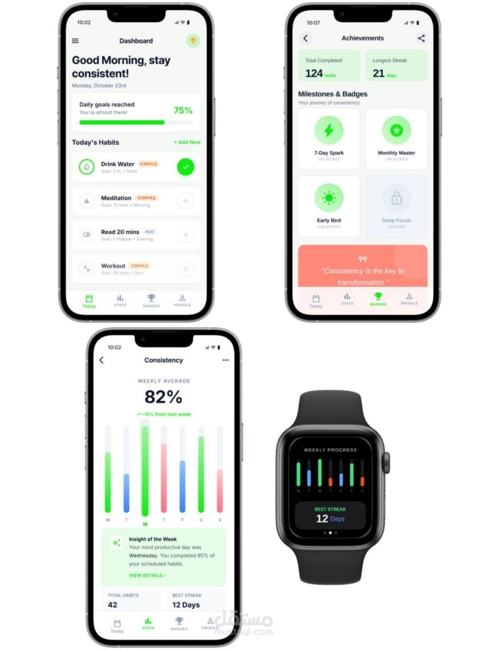 تصميم تطبيق "HabitHero" – منصة تتبع العادات وتعزيز الإنتاجية (Mobile & Apple Watch).