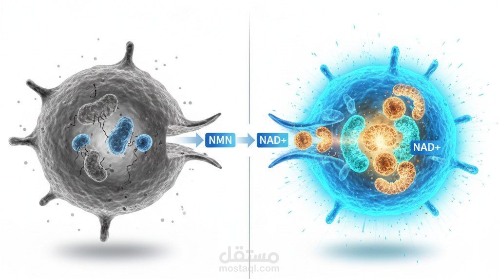 مقال طبي بصري (Infographic): علم إطالة عمر الخلايا ودور مكملات NMN & NAD+