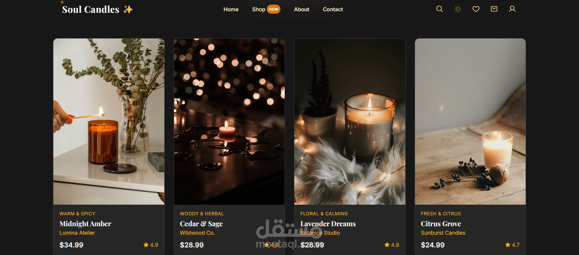 تصميم موقع متجر إلكتروني عصري لعلامة شموع (Responsive & Dynamic UI)