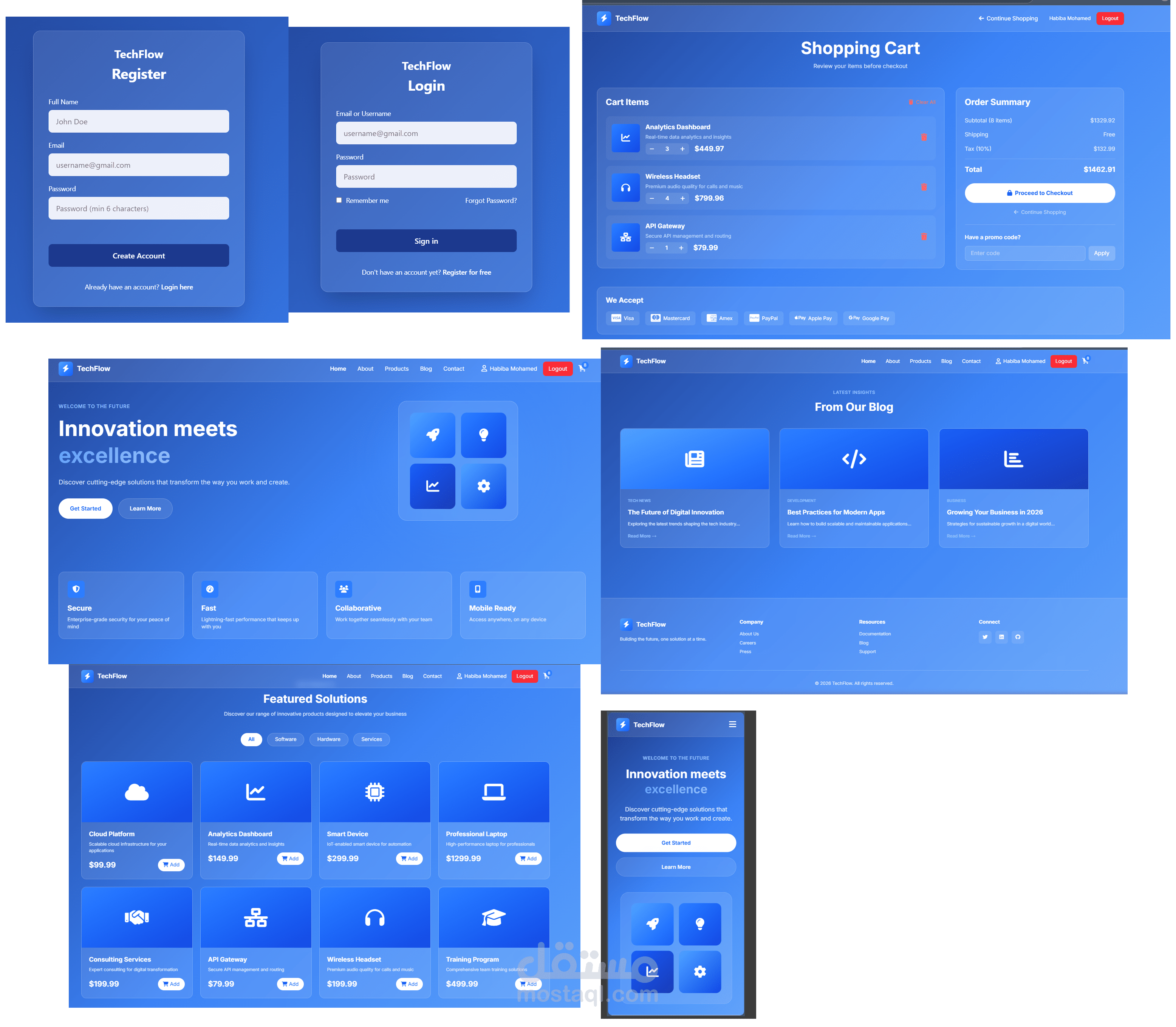 تطوير متجر إلكتروني متكامل TechFlow بـ HTML & Tailwind CSS & JavaScript