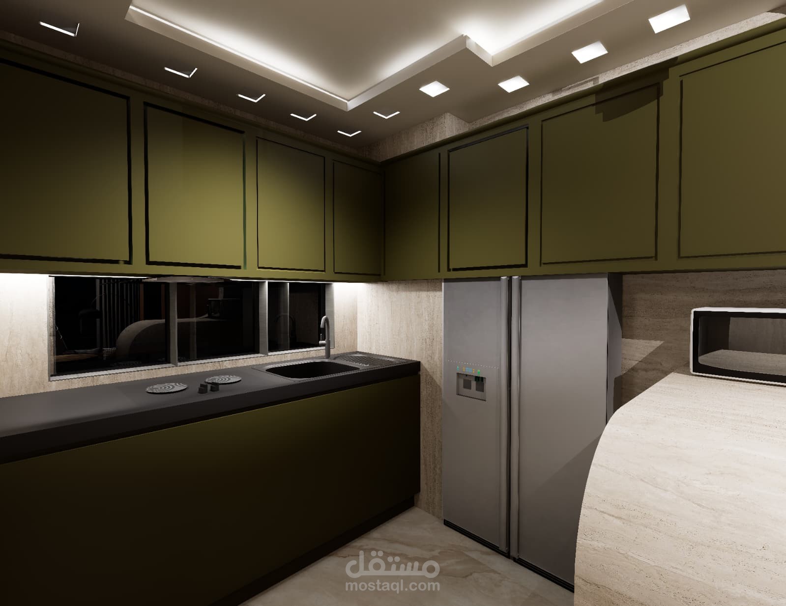 تصميم مطبخ عصري بألوان طبيعية وإضاءة حديثة