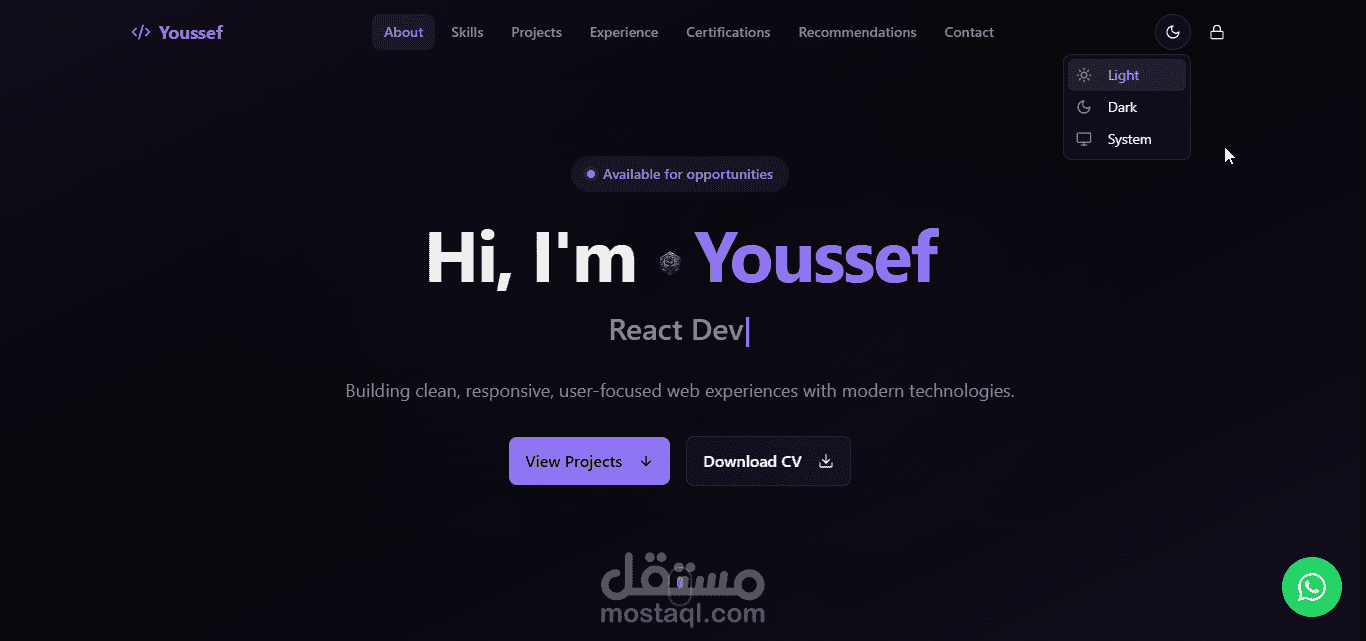 موقع شخصي متكامل وتفاعلي (Portfolio) لعرض المشاريع وجذب العملاء