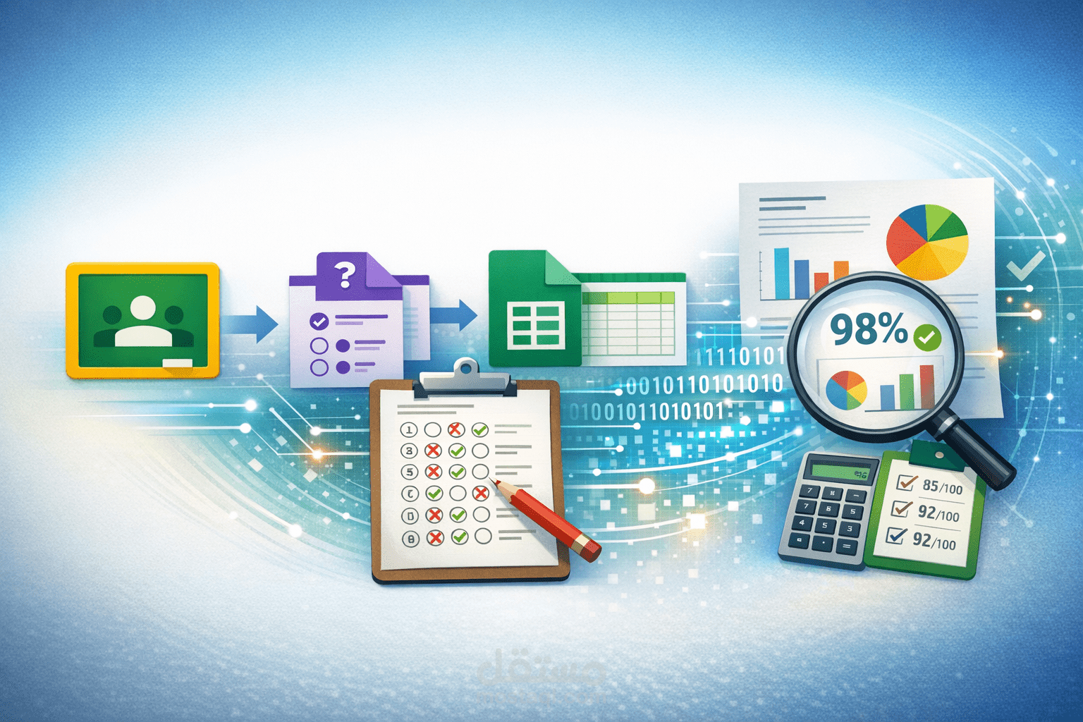 إعداد  بيئة تعليمية رقمية Google Classroom وربطه بـ Google Forms وGoogle Sheets للتصحيح الإلكتروني وتفريغ النتائج