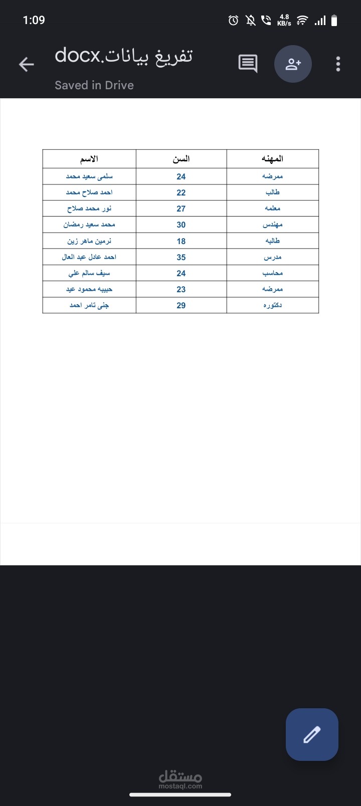 نموذج إدخال بيانات في جدول
