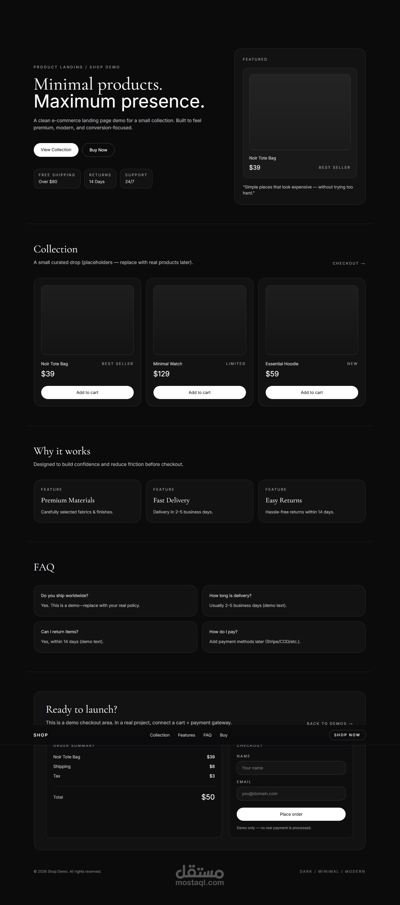 تصميم وتطوير نموذج تجريبي لصفحة متجر/منتج (Shop Landing Page Demo)