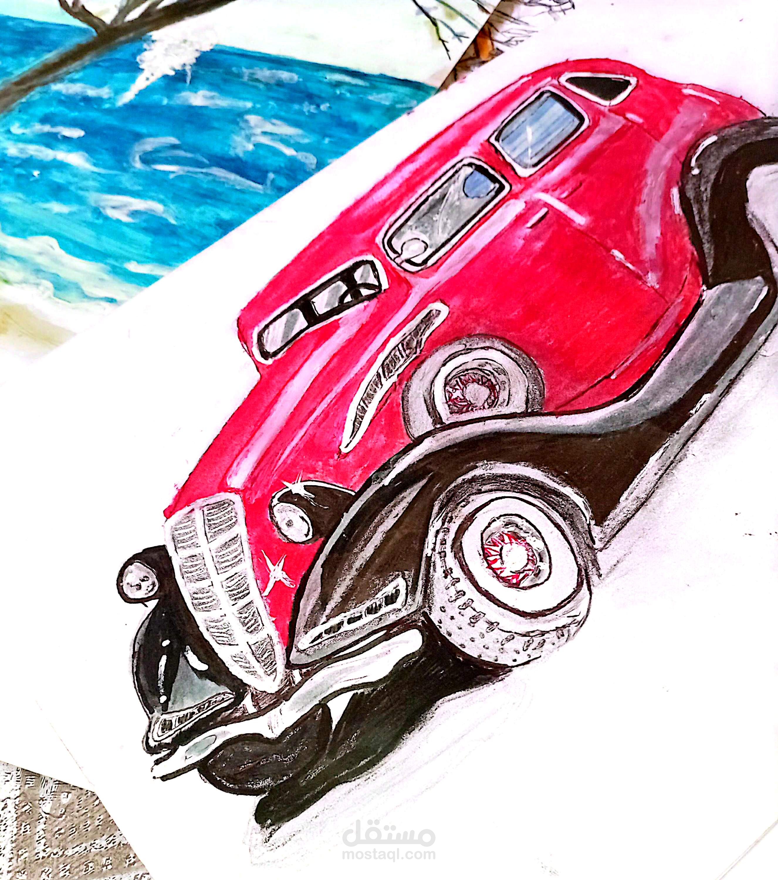 رسم يدوي لسيارة كلاسيكية بتفاصيل "Vintage"