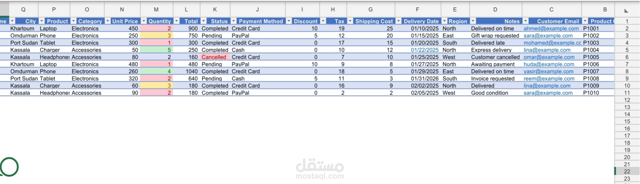 Data Entry and Organization of Orders in Excel
