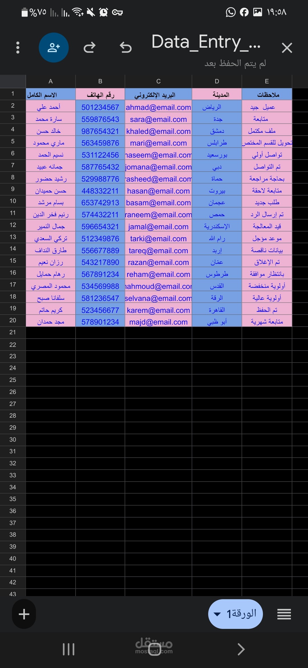إدخال بيانات وتنظيم جدول Excel بدقة عالية