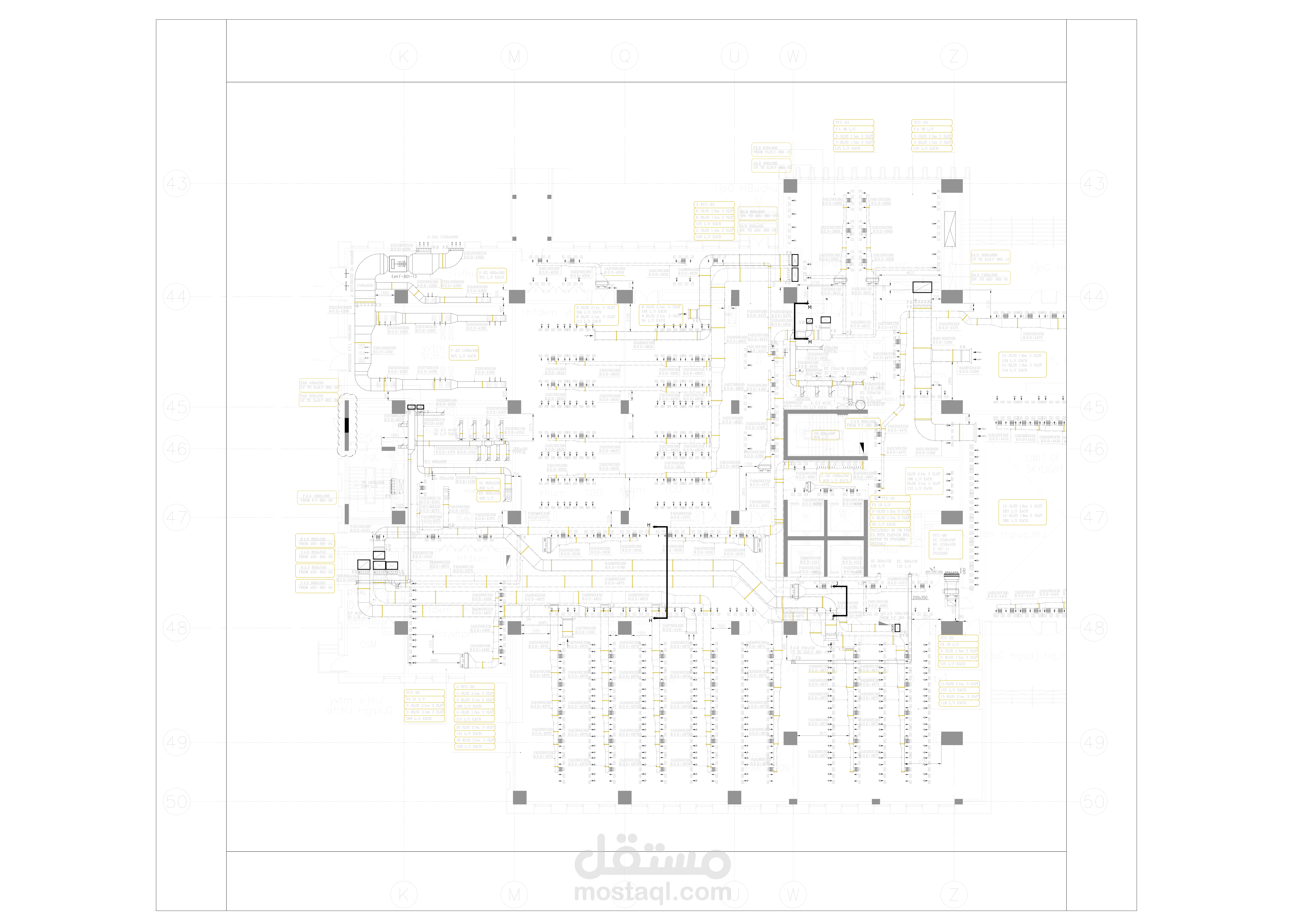 HVAC shop drawing sample prepared as part of technical office support, including ductwork layouts, sizes, elevations, and coordination with architectural drawings based on site requirements.