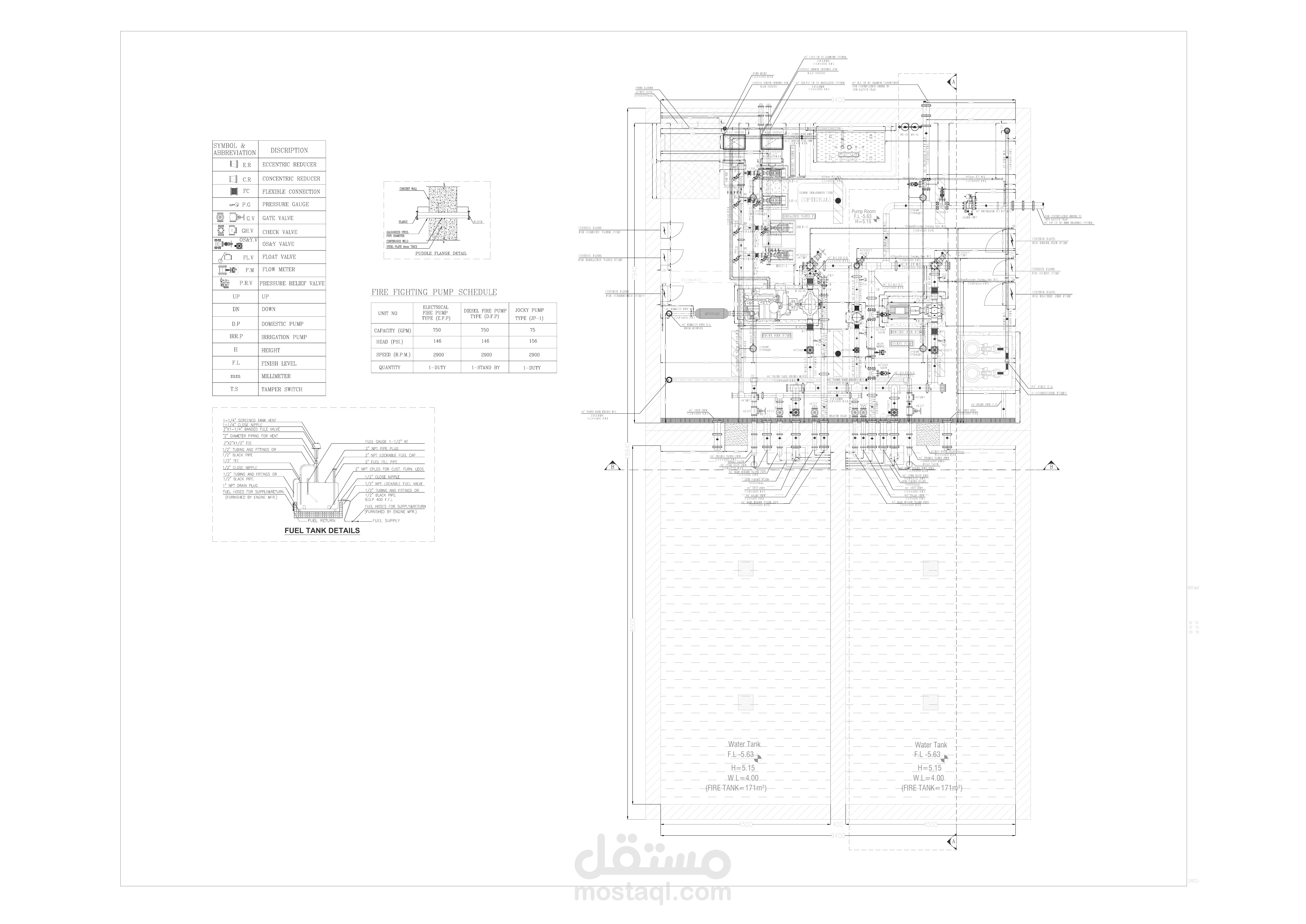 Fire Fighting shop drawing sample showing piping layouts, pipe sizes, and coordination with architectural and structural drawings as part of technical office support.