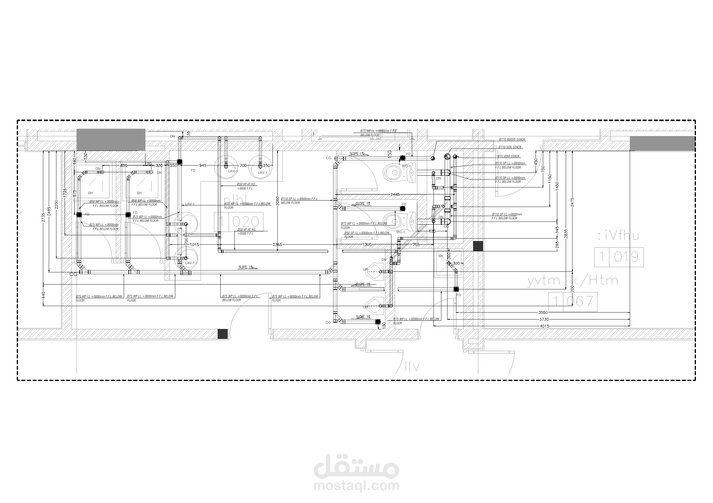 Plumbing shop drawing sample covering water supply and drainage systems, including pipe routing, sizing, and coordination with other MEP services based on site requirements.