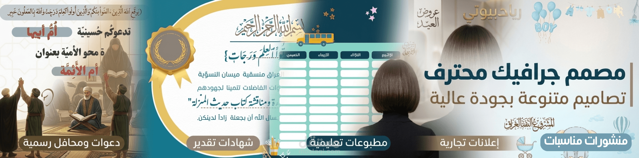 نماذج تصاميم متنوعة (إعلانات، شهادات تقدير، ومنشورات اجتماعية).