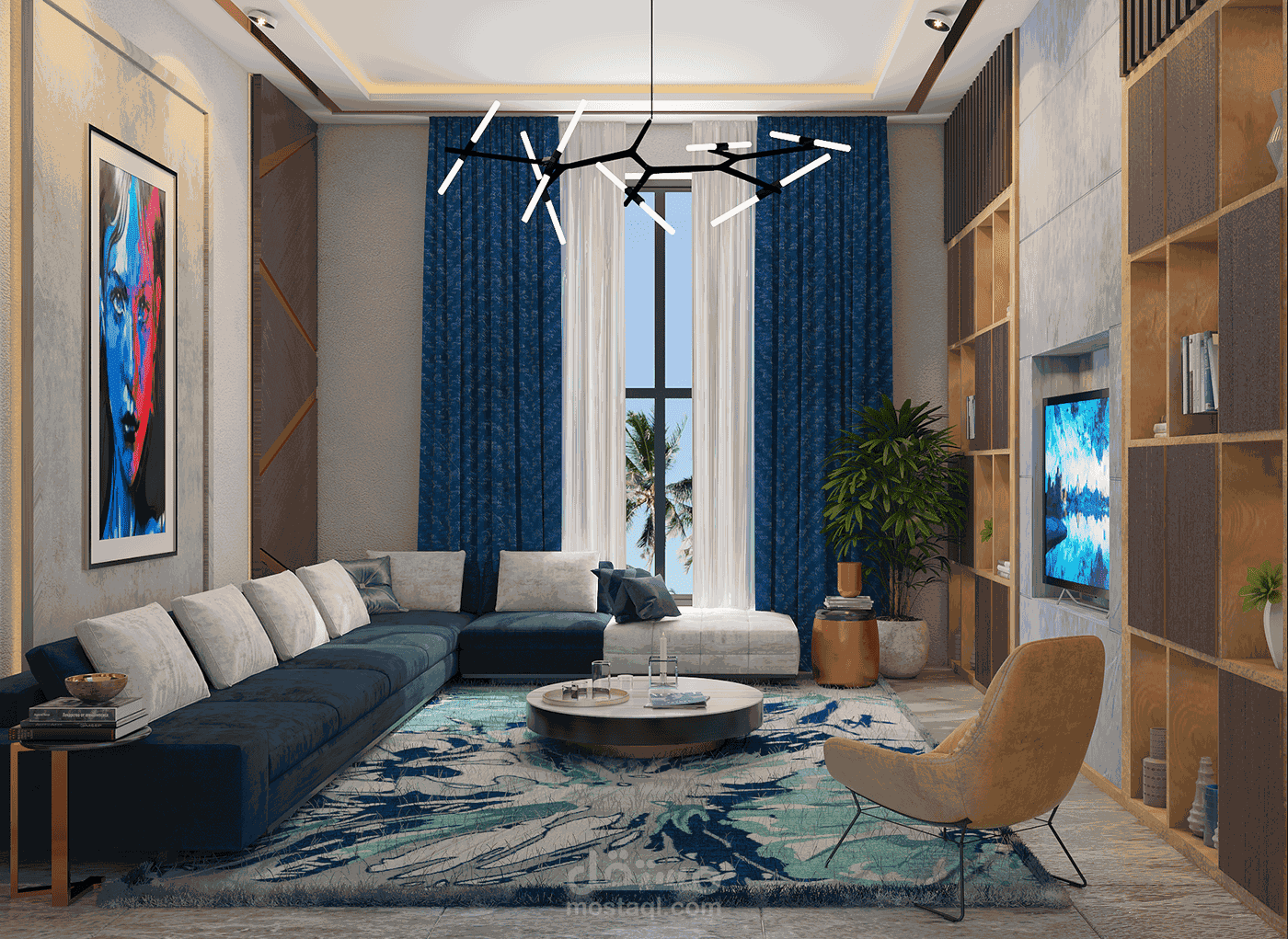 تصميم غرفة معيشة مودرن بلمسة فنية معاصرة وألوان جريئة