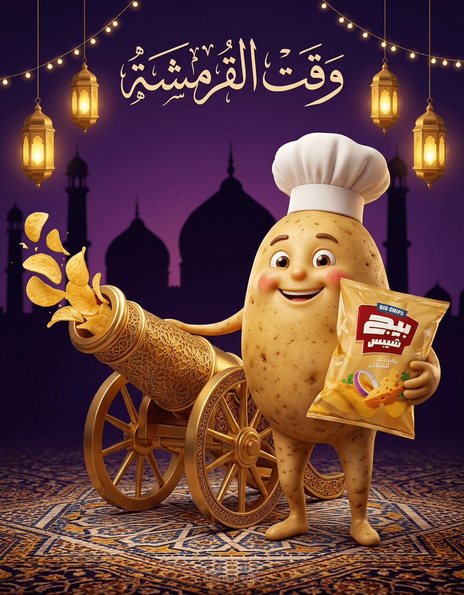 تصميم تجريبي لهوية بصرية (Concept Art) لمنتج "بيج شيبس" باستخدام تقنيات الدمج الرقمي.