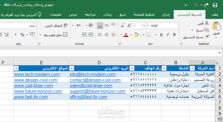 إدخال بيانات وتنظيم سجلات شركات (Excel).