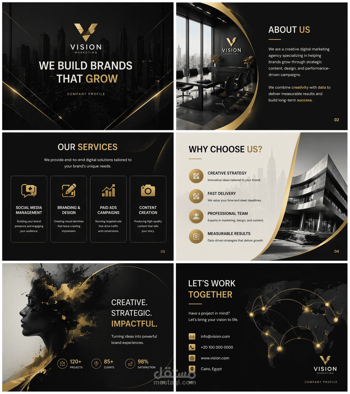 تصميم بروفايل شركة احترافي مكوّن من 6 صفحات، يعكس الهوية البصرية بأسلوب عصري وأنيق.