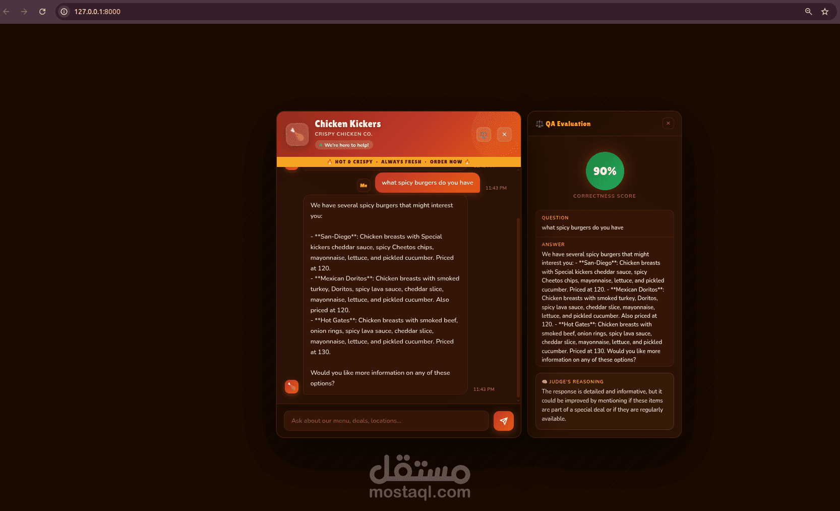 مساعد مطعم ذكي يعتمد على RAG نظام محادثة ذكي يساعد العملاء على استكشاف قائمة الطعام والحصول على توصيات باستخدام البحث الدلالي وقاعدة معرفة.