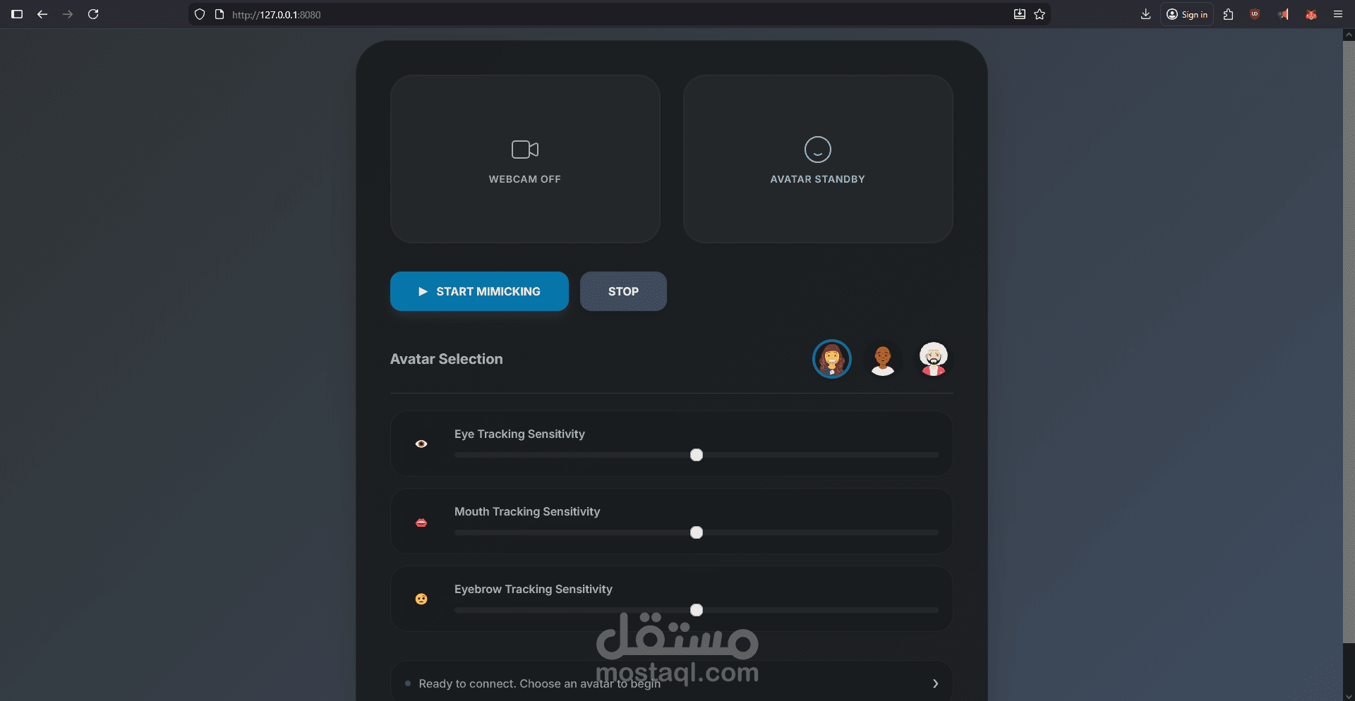 مشروع يسمح بمحاكاة تعابير وجهي باستخدام كاميرا الويب مباشرة.