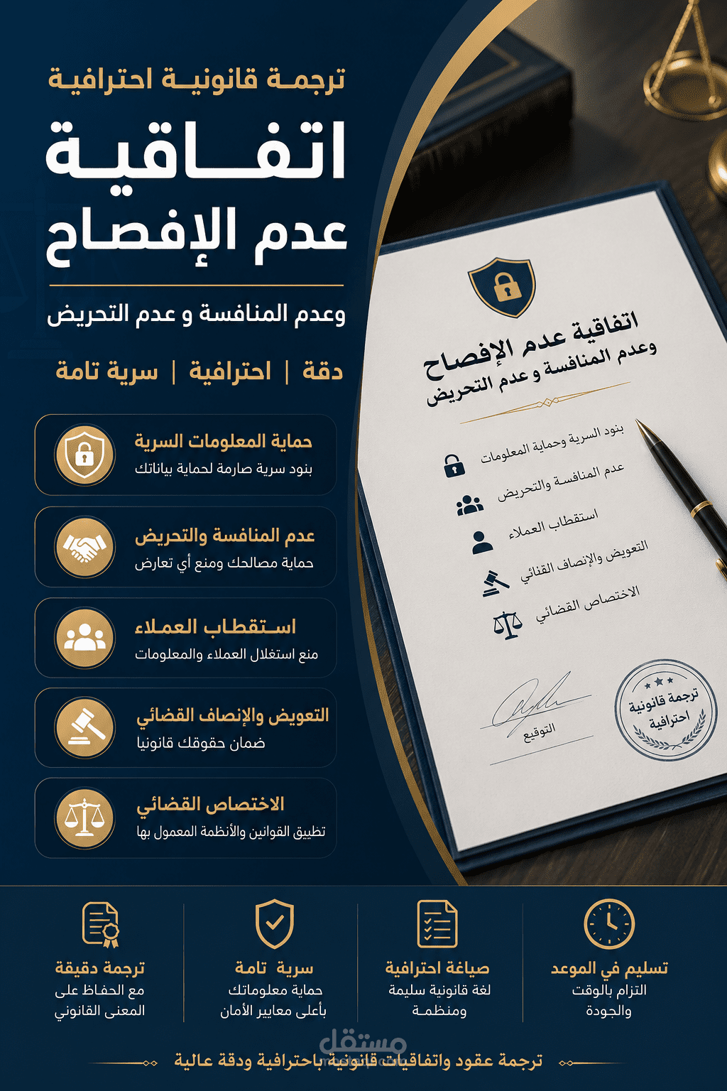ترجمة قانونية احترافية لاتفاقيات عدم الإفصاح وعدم المنافسة والعقود التجارية من الإنجليزية إلى العربية والعكس
