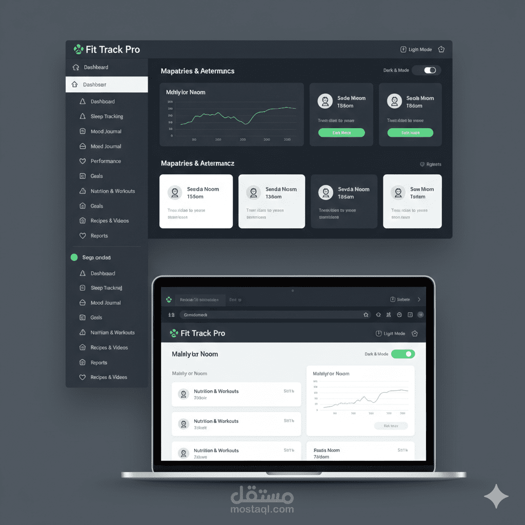تطوير واجهة مستخدم (UI) لوحة تحكم "FitTrack Pro" لتتبع اللياقة البدنية والصحة