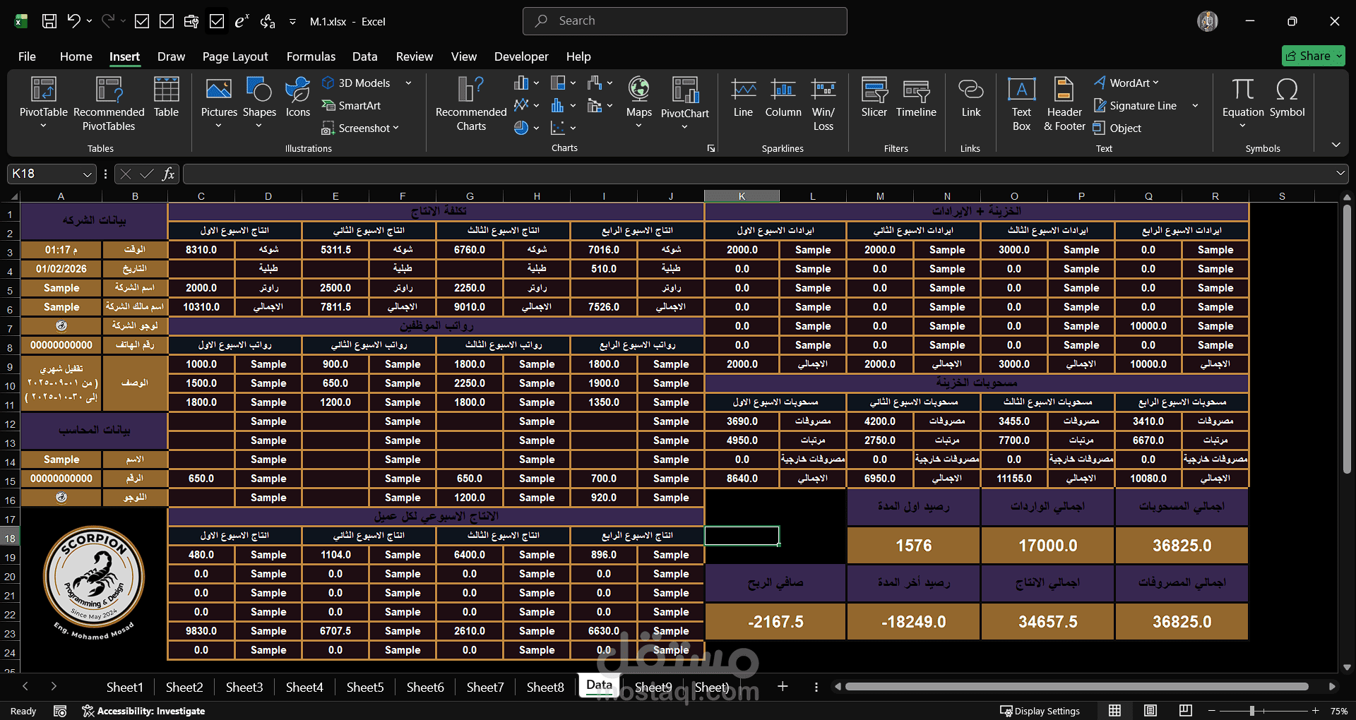 إعداد تقرير شامل في Excel (إنتاج – مصروفات – إيرادات)