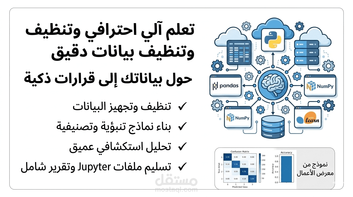بناء نماذج تعلم آلي (Machine Learning) احترافية وتجهيز البيانات.