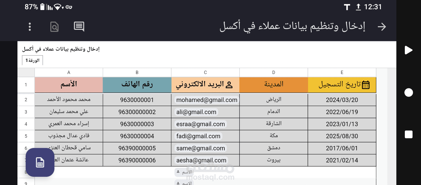 إدخال وتنظيم بيانات عملاء في Excel