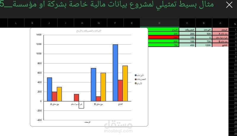 مثال بسيط وتمثيلي لمشروع بيانات مالية خاصة بشركة أو مؤسسة