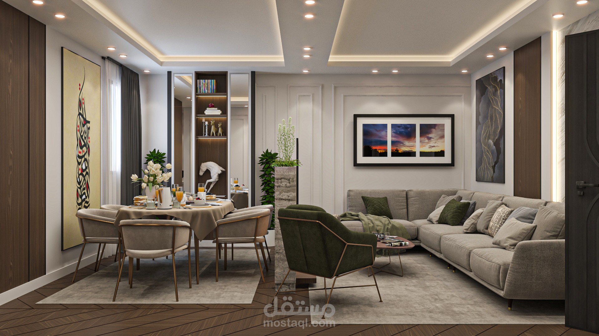 تصميم داخلي صالة معيشة + سفرة طعام + دورة مياه + مدخل