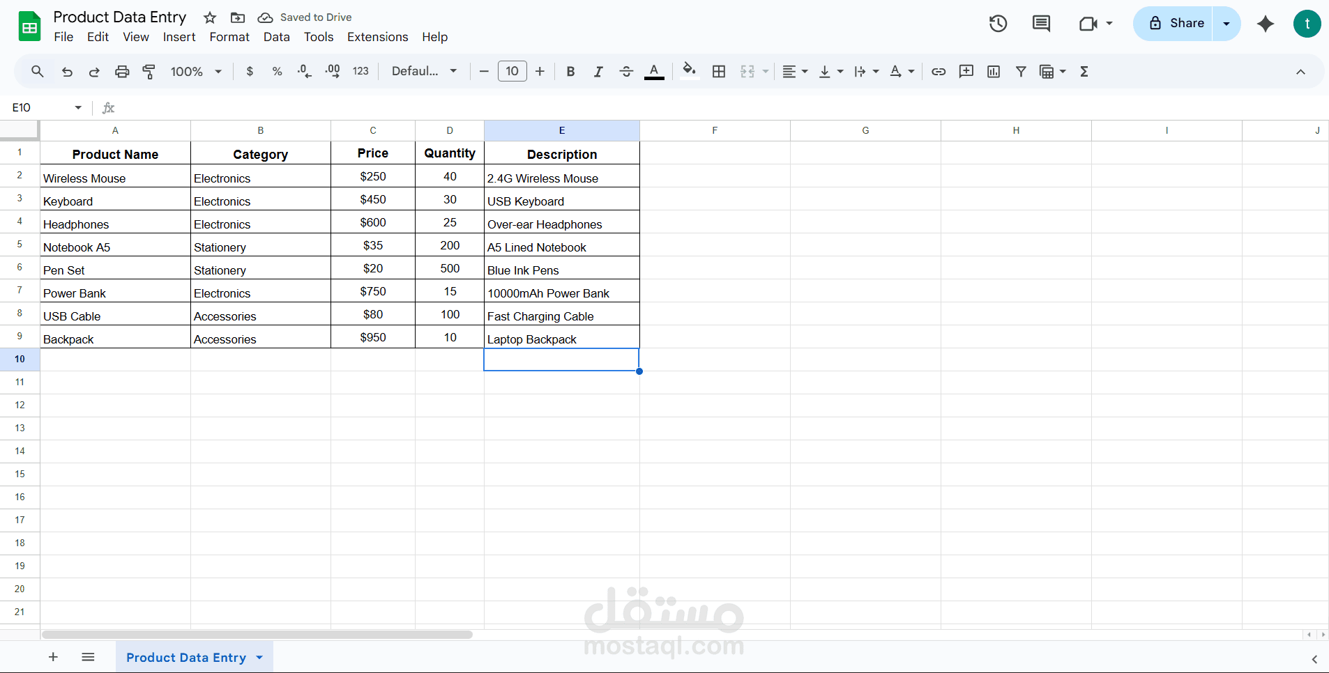 إدخال وتنظيم بيانات منتجات متجر إلكتروني باستخدام Google Sheets